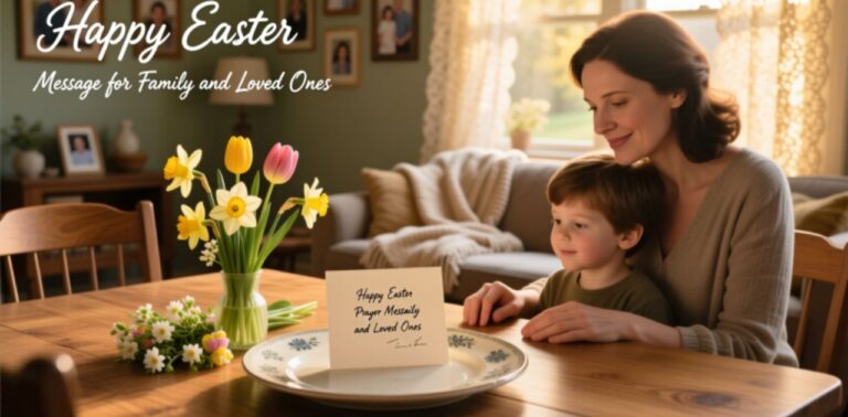 Happy Easter Prayer Message for loved ones with festive decorations