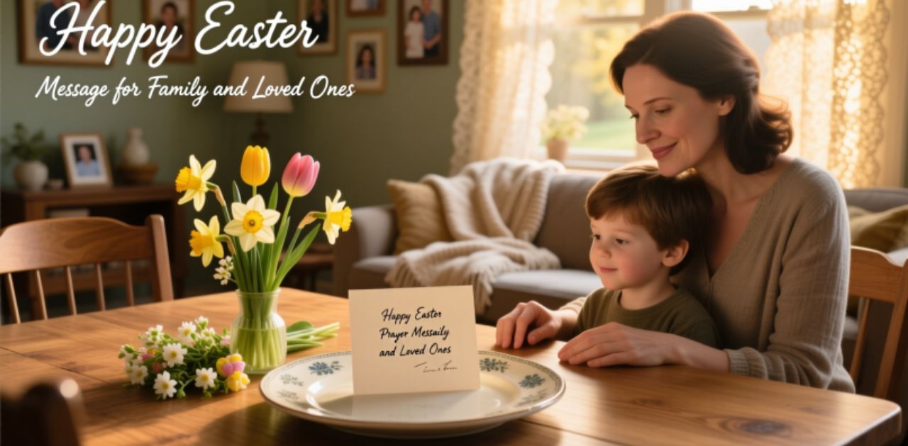 Happy Easter Prayer Message for loved ones with festive decorations