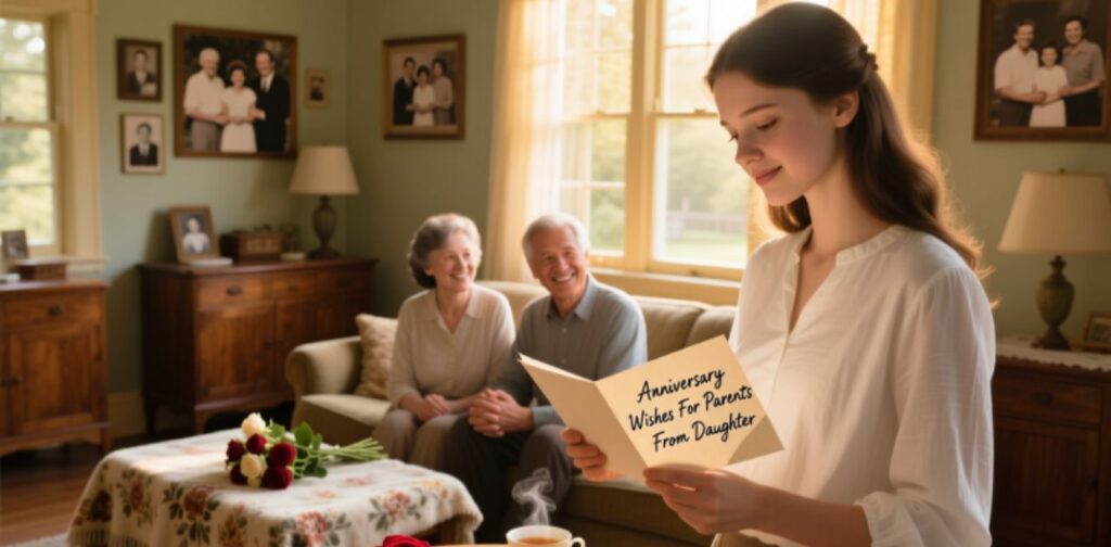 Anniversary wishes for parents from daughter, expressing love, admiration, and heartfelt gratitude on their special day.
