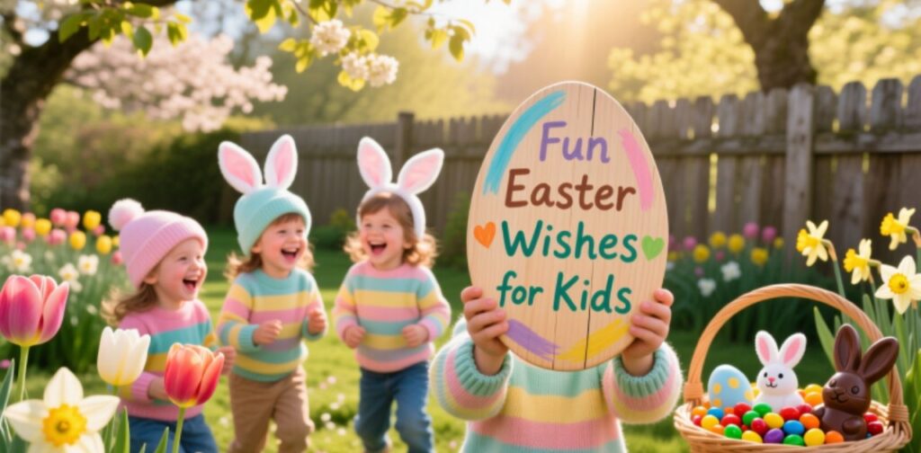 Fun and Playful Easter Wishes for Kids – Cute Messages with Bunnies, Colorful Eggs, Candy, and Joyful Greetings to Celebrate Easter.