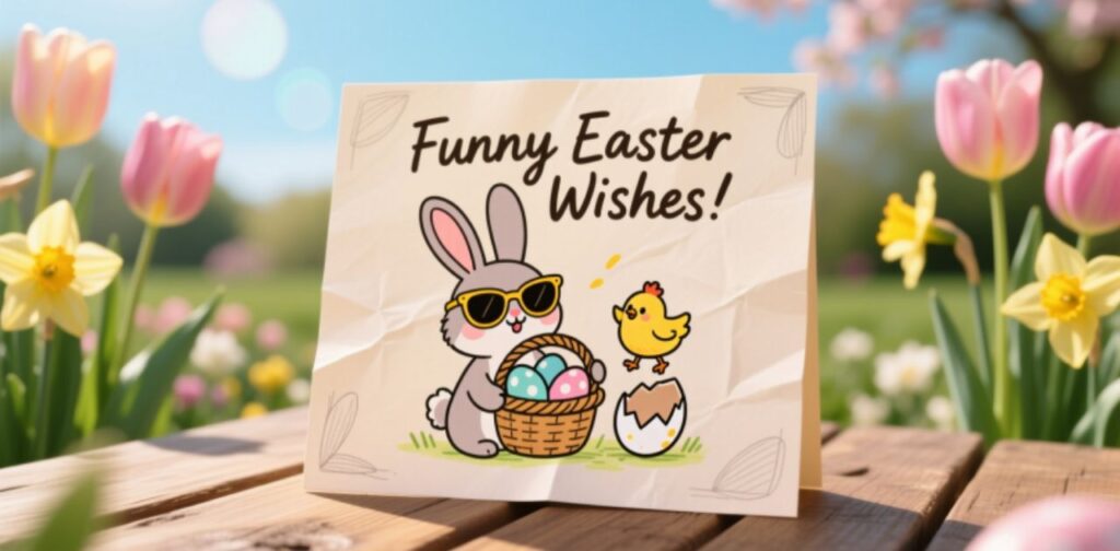 Funny Easter wishes with bunnies and colorful eggs
