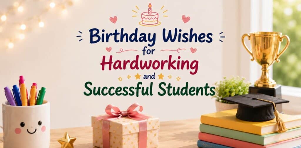 Birthday Wishes for Hardworking and Successful Students with Motivational Birthday Wishes for Students celebrating dedication, learning, and achievement.