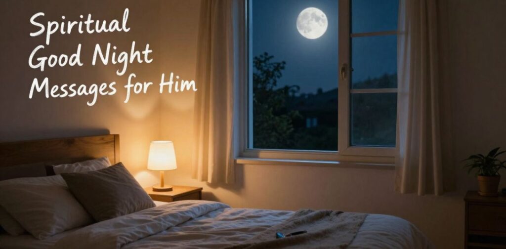 Faith-Filled Good Night Messages with spiritual prayers and blessings for him, offering peace, faith, protection, and restful sleep.