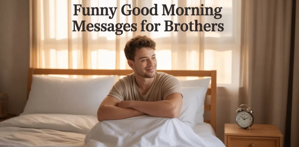 Brother laughing in the morning while reading funny Good morning brother messages filled with humor and playful sibling vibes.