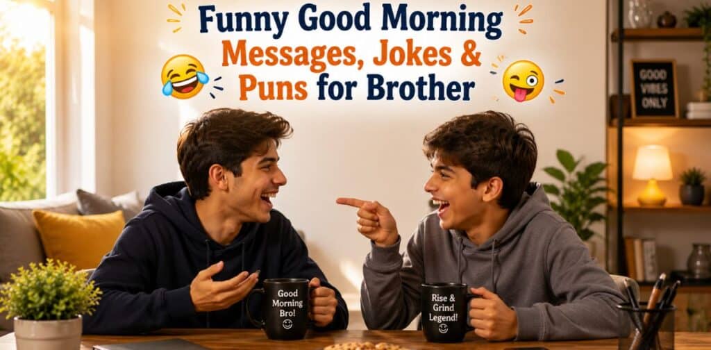 Funny Good Morning Brother Messages with jokes, puns, and playful morning wishes.