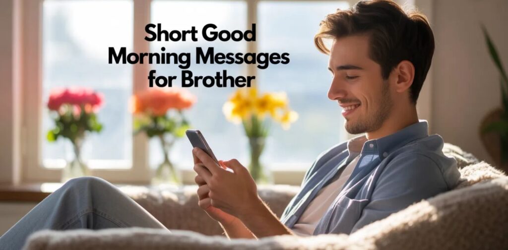 Brother smiling at a phone in the morning, enjoying short and sweet Good morning brother messages that brighten his day.