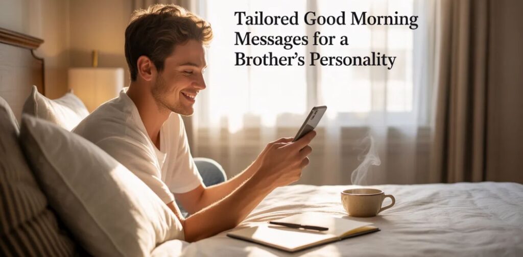 Brother smiling confidently in the morning, reflecting tailored Good morning brother messages designed to match his unique personality and vibe.