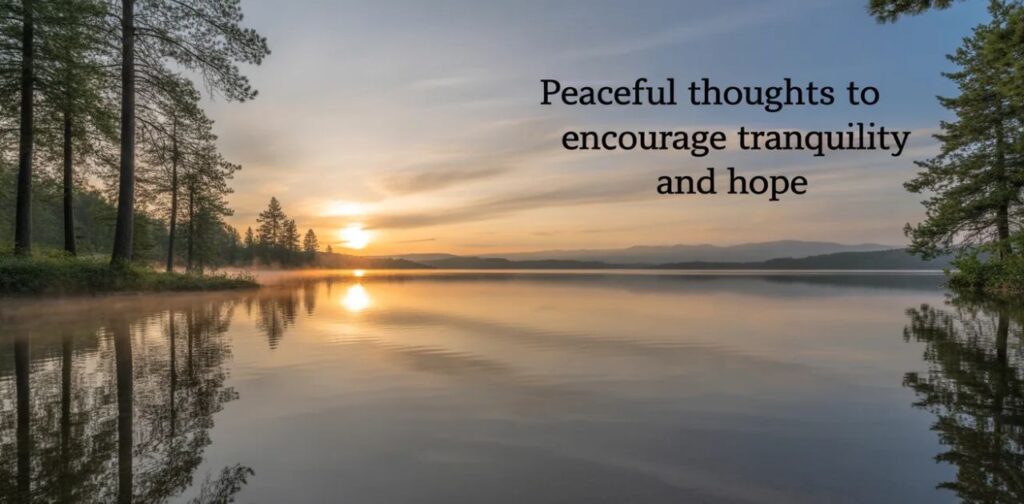 Inspirational peaceful mind quotes showing peaceful thoughts to encourage tranquility, hope, inner peace, and emotional balance in a calm nature scene.