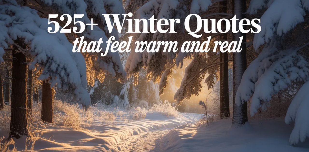 Winter quotes “525+ Winter Quotes That Feel Warm and Real” with snowy cozy winter vibes and snowfall scene.