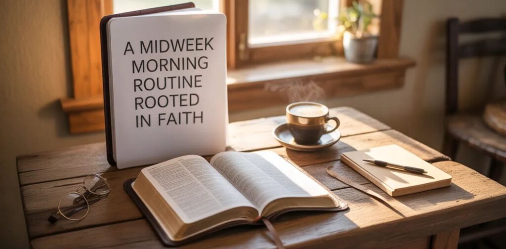 A Midweek Morning Routine Rooted in Faith showing peaceful Wednesday prayer, reflection, and connection with God’s presence.