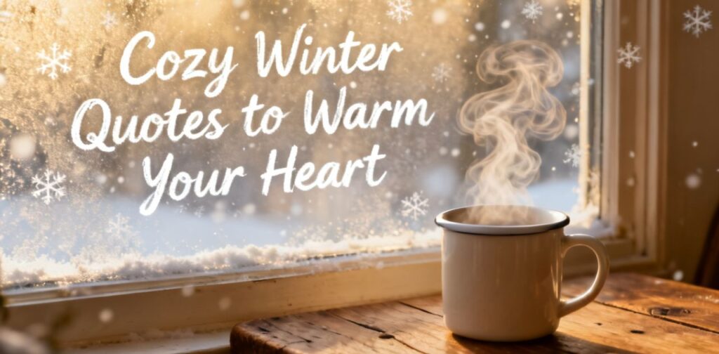 Cozy Winter Quotes to Warm Your Heart winter quotes with warm blankets, hot drinks, snowfall, and cozy winter vibes atmosphere.
