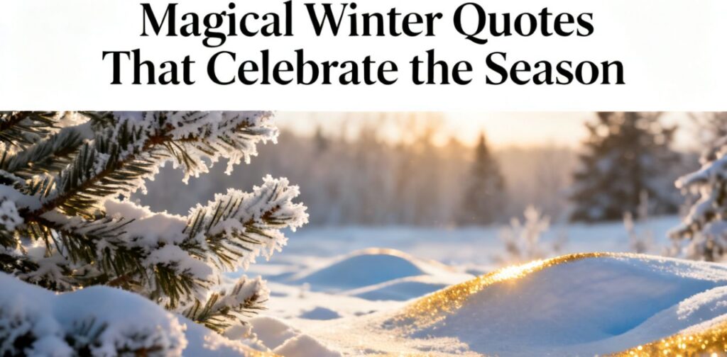 Magical Winter Quotes That Celebrate the Season winter quotes with snowy winter wonderland, sparkling snowfall, cozy vibes, and festive winter season atmosphere.