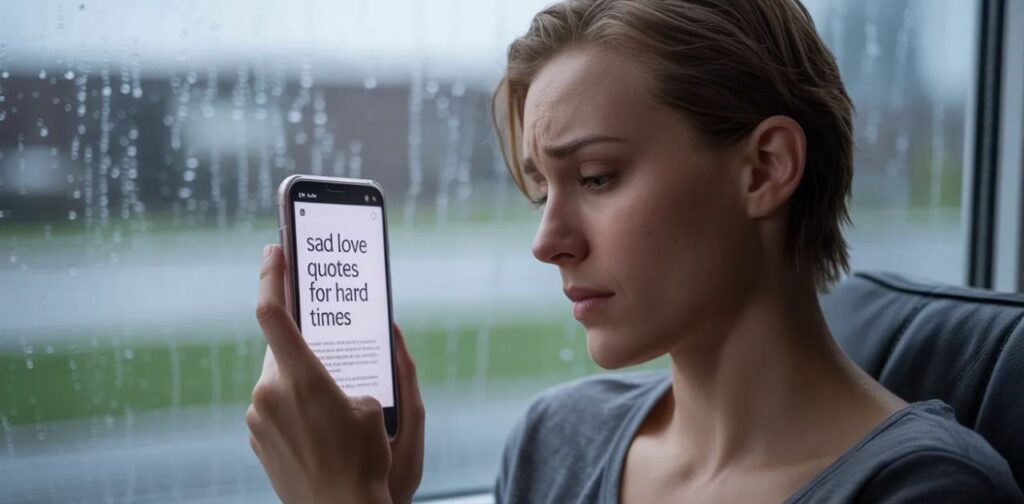 Emotional Love Quotes for Hard Times showing sad love messages on a dark soft background symbolizing heartbreak, emotional distance, and relationship struggles during difficult and painful moments.