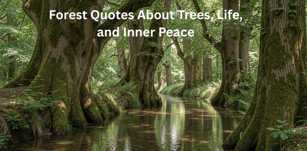 Forest quotes about trees, life, and inner peace showing calm green forest scenery and peaceful natural environment