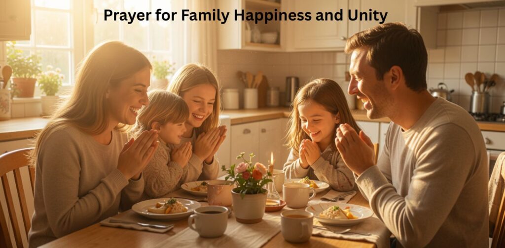 Prayer for family happiness and unity filled with love, peace, strong relationships, and togetherness at home.