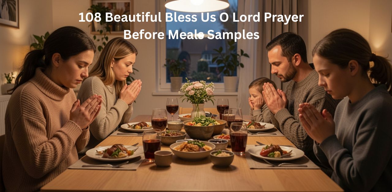 A collection of 108 Bless Us O Lord Prayer Before Meals samples showing Christian gratitude and family meal blessings.