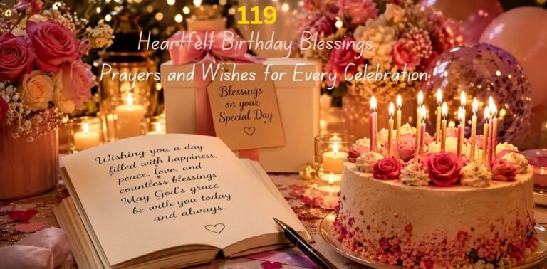 119 Heartfelt Birthday Blessings, Prayers and Wishes for Every Celebration with elegant birthday cake, candles, flowers, gifts, and heartfelt Birthday Blessings in a warm festive setting.