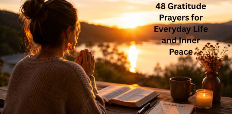 A peaceful woman praying at sunrise beside an open journal and Bible, reflecting gratitude and inner peace through Gratitude Prayers for Everyday Life.