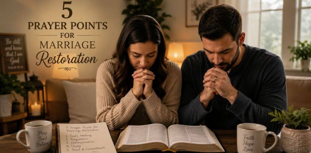 5 prayer points for marriage restoration written on paper with cross and candle background