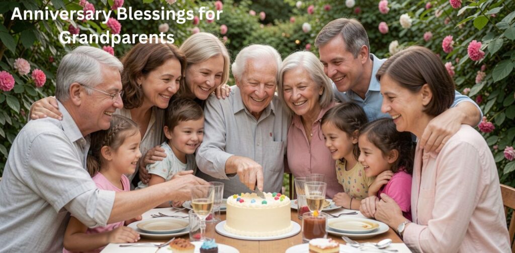 Anniversary Blessings for Grandparents showing a loving elderly couple celebrating together with joy and warmth, anniversary blessings.