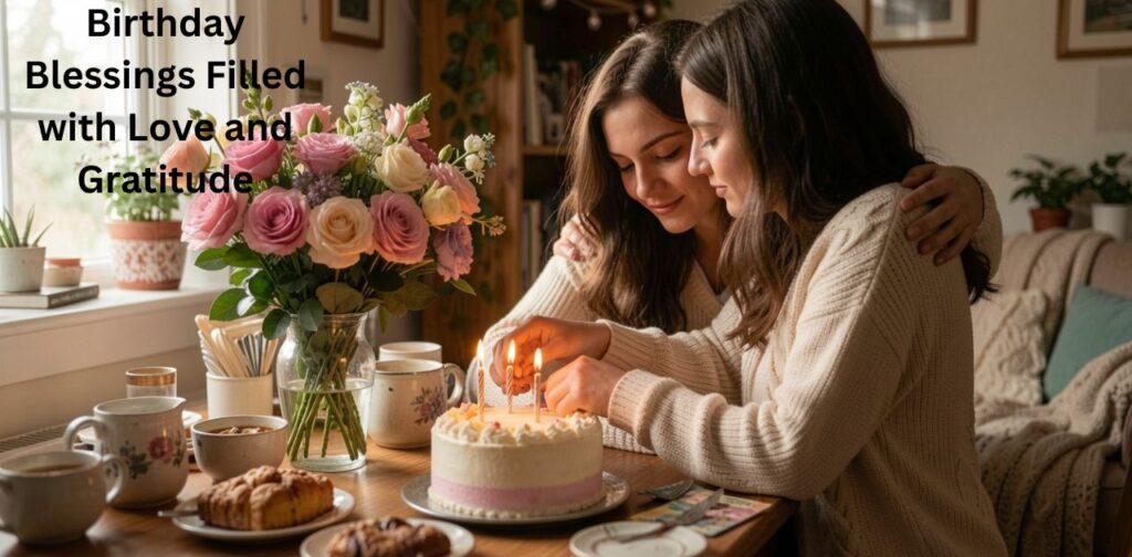 Birthday Blessings Filled with Love and Gratitude featuring a beautiful birthday cake, glowing candles, fresh flowers, and thoughtful gifts in a warm celebration setting that reflects heartfelt Birthday Blessings and appreciation.