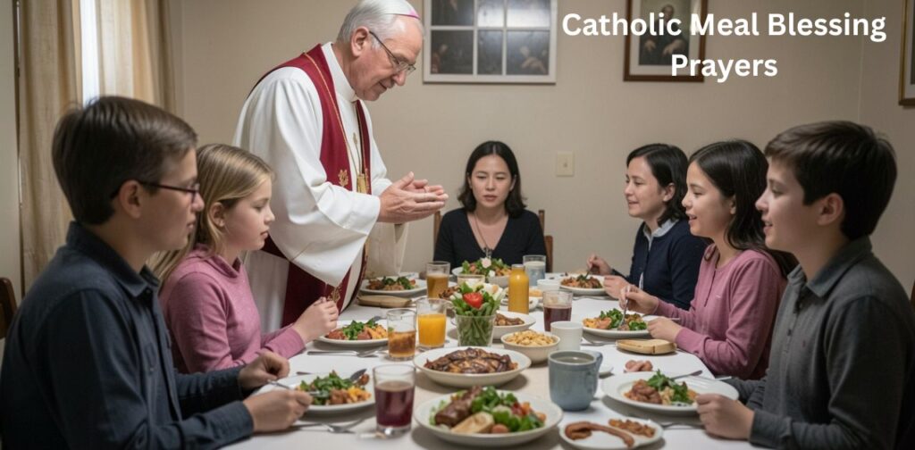 Catholic Bless Us O Lord Prayer Before Meals traditions showing grace before meals and spiritual nourishment in family prayers.