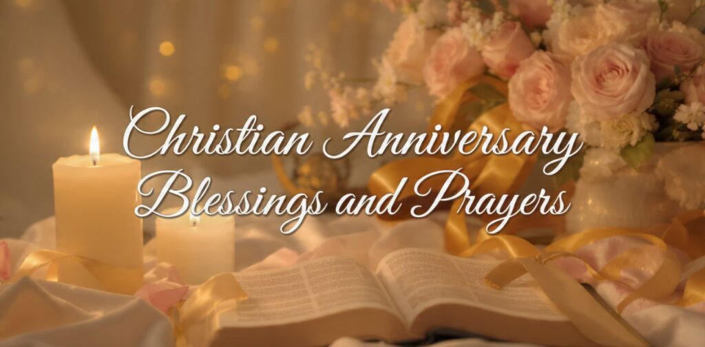 Christian Anniversary Blessings and Prayers showing a loving couple with a Bible, symbolizing faith, love, and gratitude, anniversary blessings.