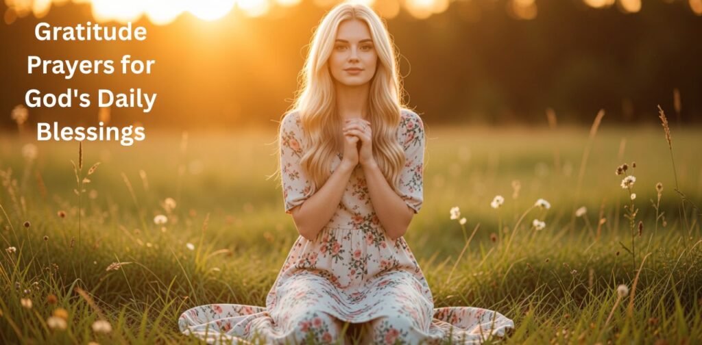 A peaceful prayer scene at sunrise, expressing Gratitude Prayers for Everyday Life, God's daily blessings, thankfulness, faith, and spiritual peace.