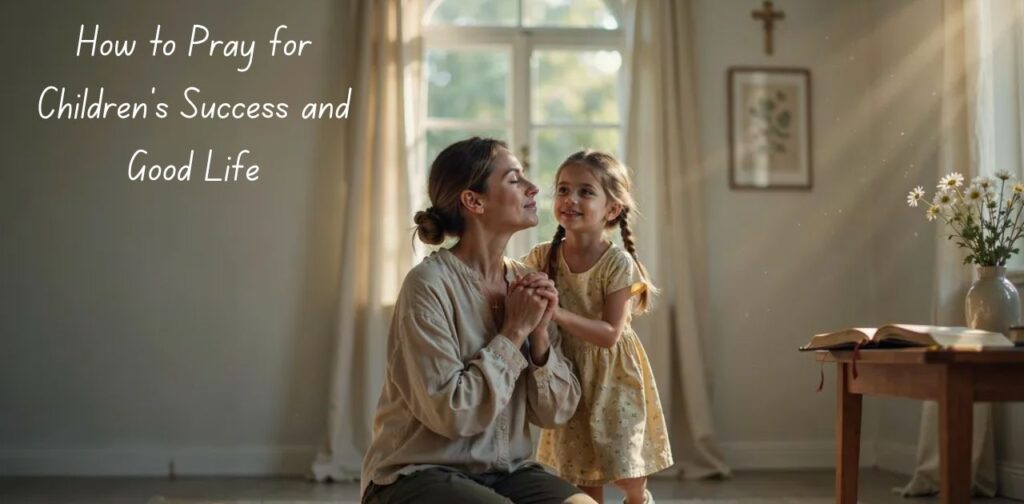 Christian blessings quotes for children showing a parent praying for a child’s success, happiness, and a blessed future with faith and hope.