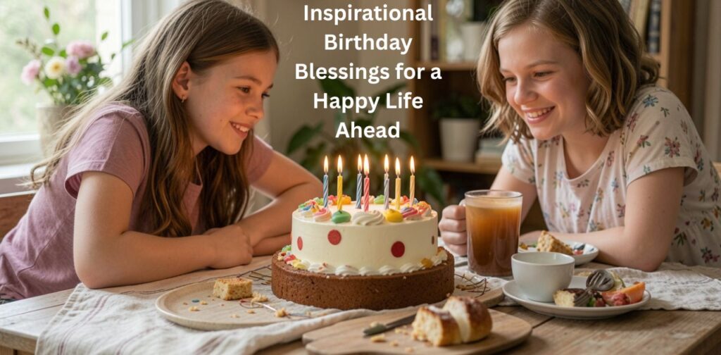 Inspirational Birthday Blessings for a Happy Life Ahead featuring a beautiful birthday cake, flowers, candles, gifts, and heartfelt birthday blessings in an elegant celebration setting.