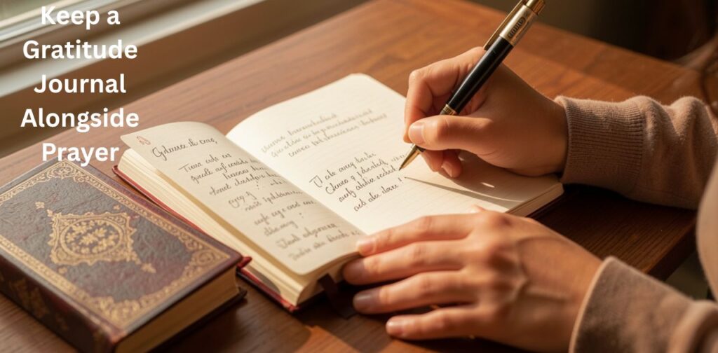 A gratitude journal beside an open Bible during prayer time, reflecting Gratitude Prayers for Everyday Life, thankfulness, faith, and inner peace.