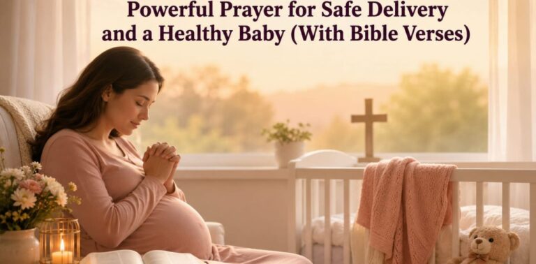 Pregnant woman praying for God's protection, safe childbirth, and a healthy baby prayer for safe delivery and a healthy baby.