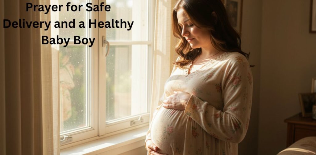 Prayer for safe delivery and healthy baby boy with Bible verse blessing.