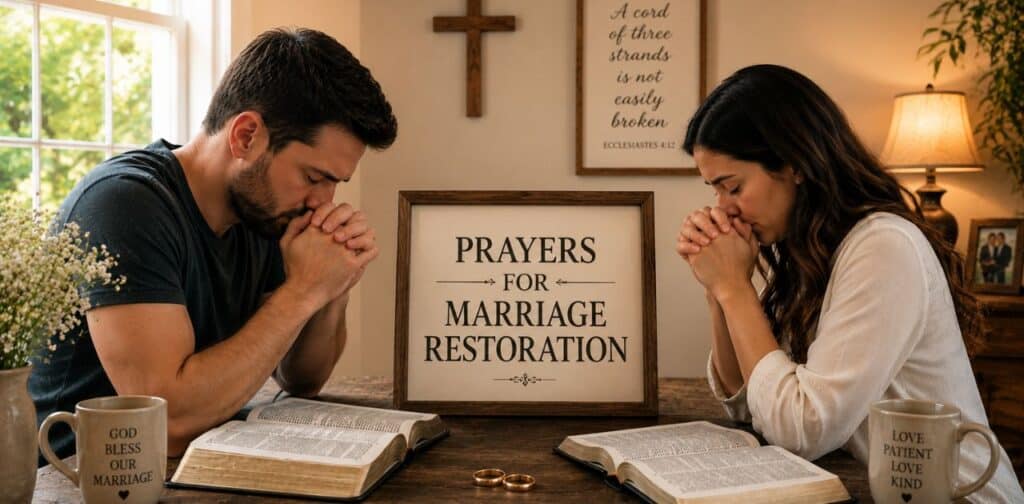 Prayers for marriage restoration with open bible and couple praying together at home.