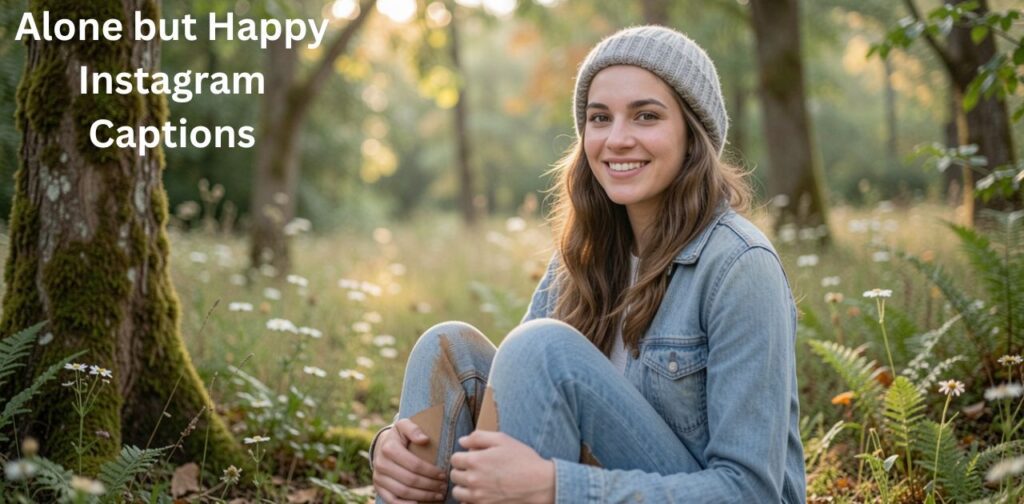 Alone but Happy Instagram Captions with aesthetic solo lifestyle background perfect for social media inspiration.