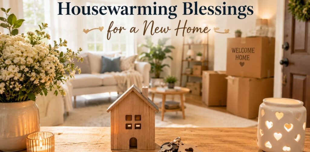Housewarming Blessings for a new home with House Blessings, love, peace, God's protection, and joyful new beginnings.