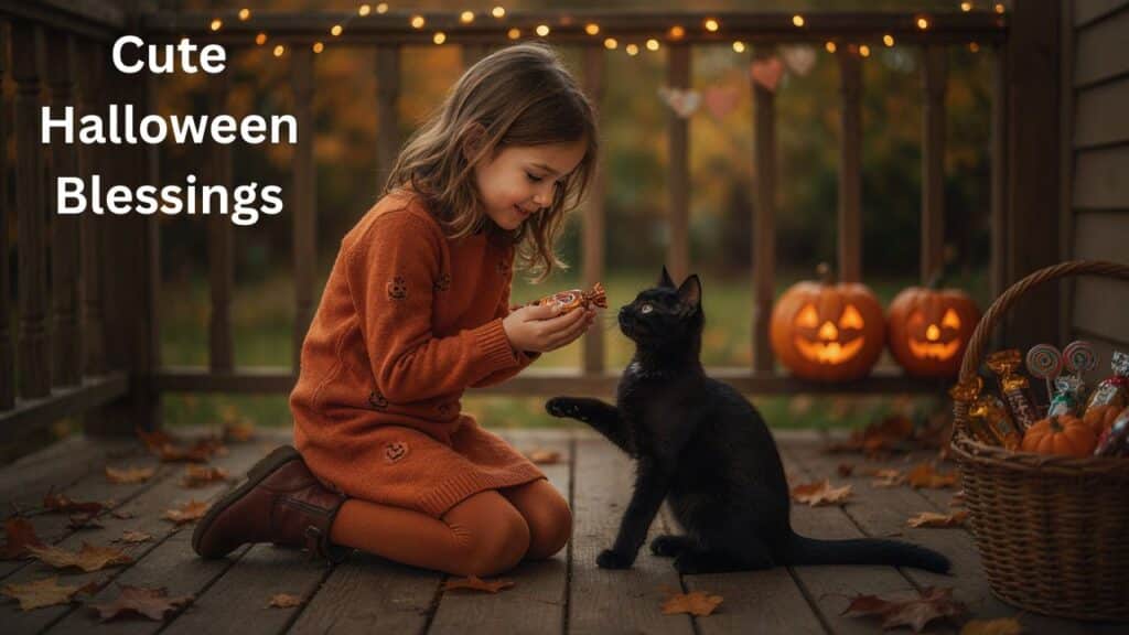 Cute Halloween blessings with adorable pumpkins and spooky decorations.