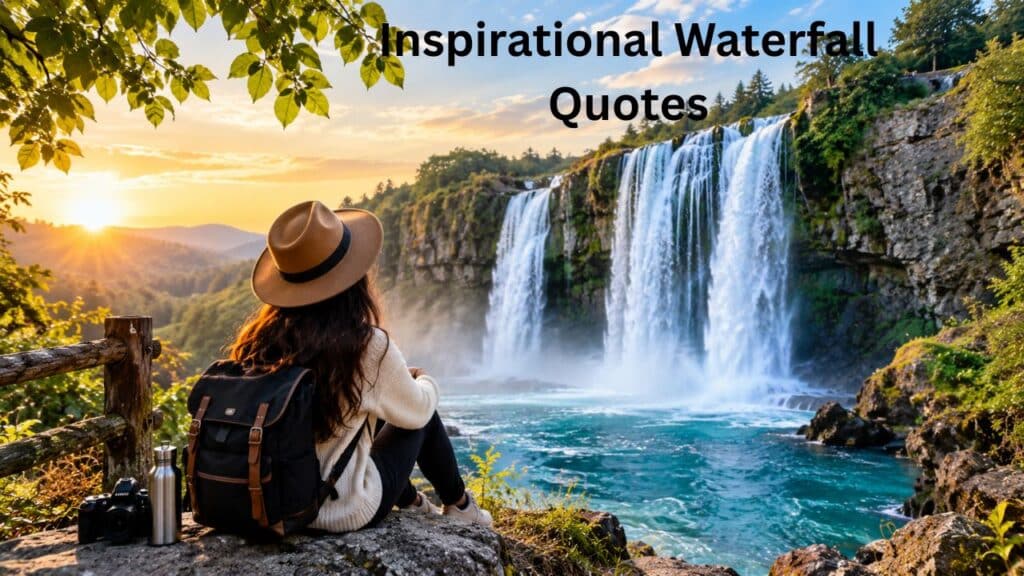 Scenic waterfall flowing over rocks for inspirational waterfall quotes about strength and growth.