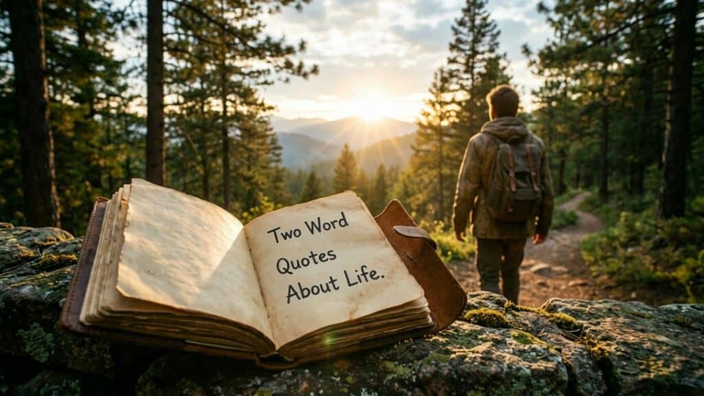 Two Word Quotes About Life featuring simple phrases about happiness, adventure, and living fully.