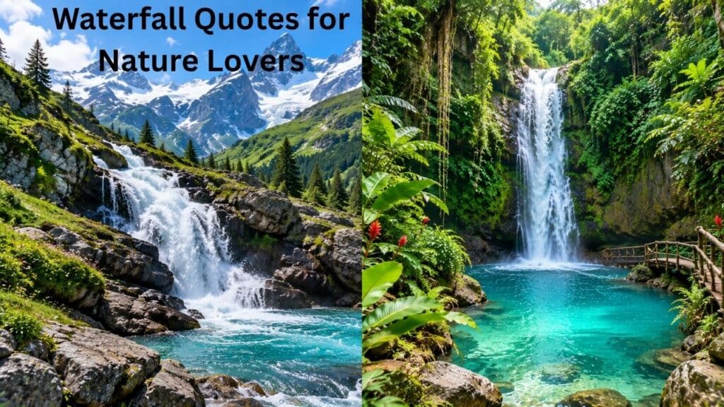 Beautiful forest waterfall surrounded by greenery for waterfall quotes for nature lovers.